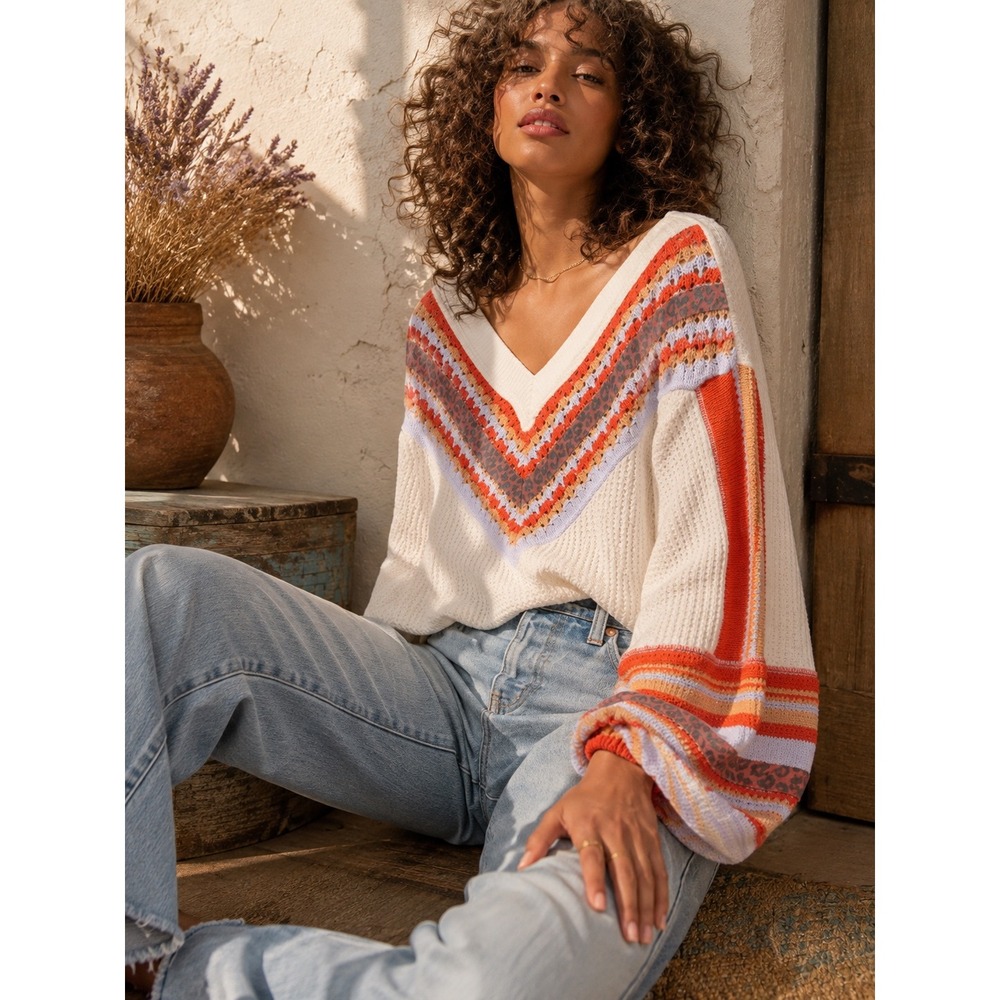 Free People Copenhagen Thermal Top Small Boho Bell Sleeve Leopard Stripe V Neck